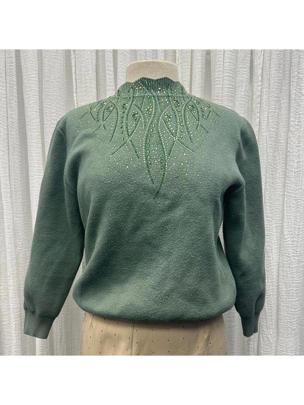 Preppy Y2K Boho Forest Fairy Green Sequin Women's Sweater (M)